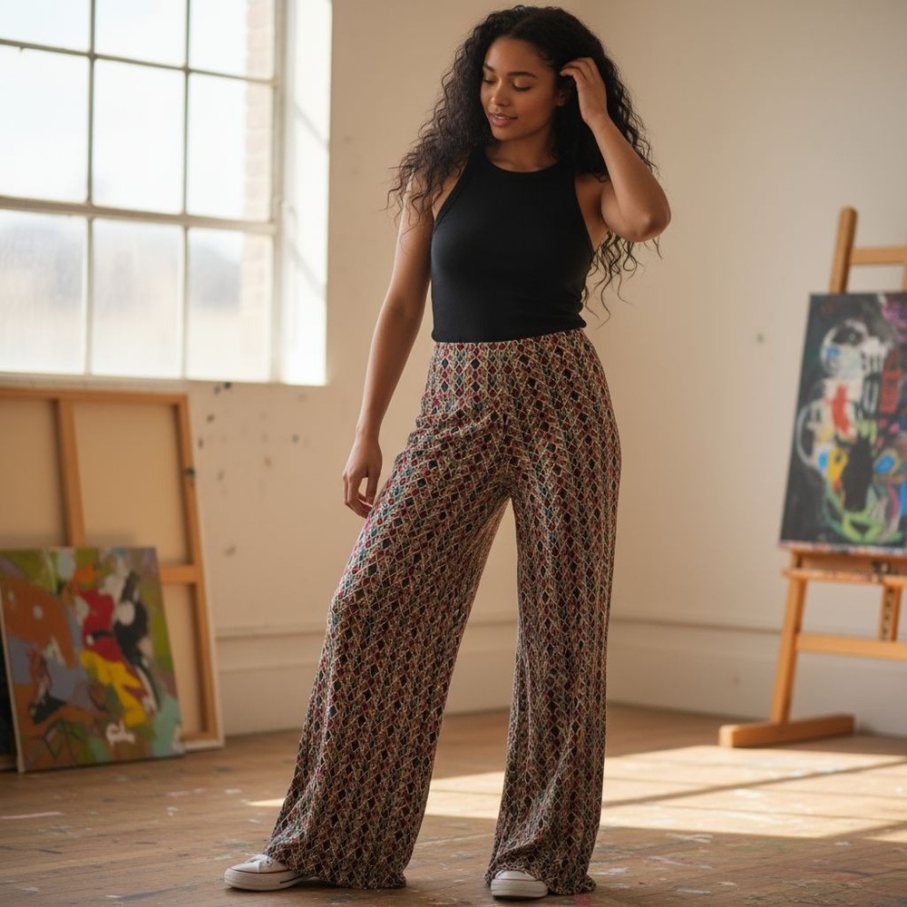 New Directions Women's Wide Leg Pants – Multicolor Geometric Print Size L‎